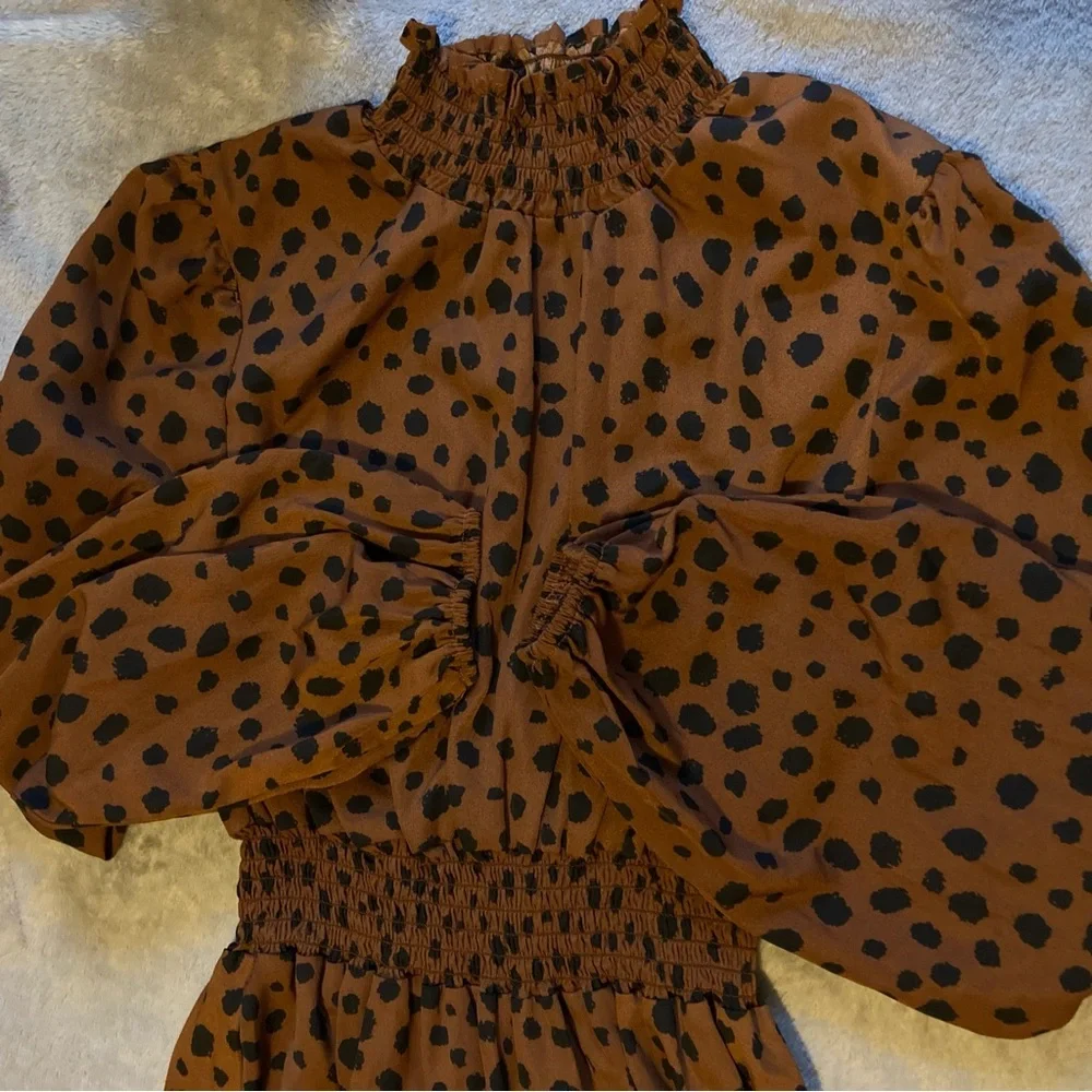 SHEIN Brown and Black Polka Dot Long Sleeve Mini Dress - Picture 5 of 6